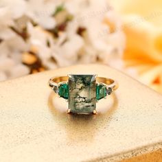 Art Deco Agate Ringmulti Gemstone Bridal Ring8x11mm Emerald - Etsy Moss Agate Gemstone Rings For Anniversary, Anniversary Moss Agate Gemstone Rings, Moss Agate Engagement Ring, Agate Engagement Ring, Minimalist Engagement Ring, Jewelry Details, Agate Ring, Vintage Casual, Engagement Jewelry