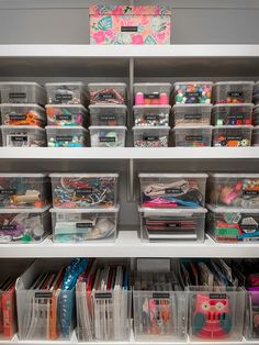 the shelves are filled with many different types of crafting supplies and storage bins