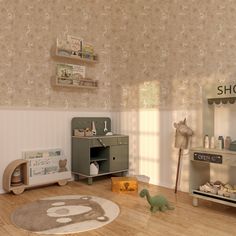 a child's room with toys and decor