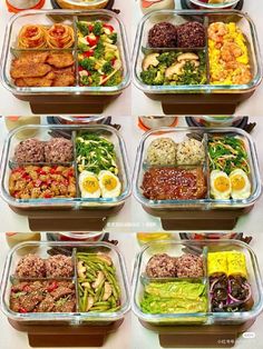 several trays filled with different types of food on top of a table next to each other