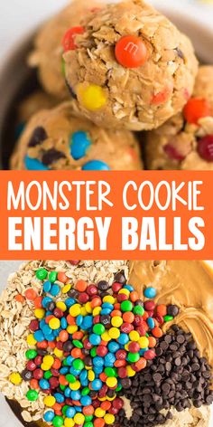 monster cookie energy balls in a bowl with chocolate and candy