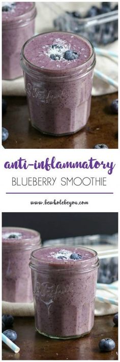 blueberry smoothie in a glass jar with the words anti - unflamatoryy on it