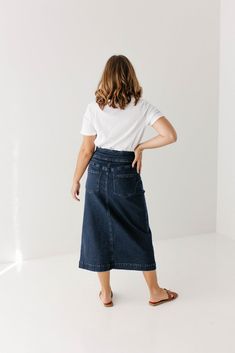 'Margaret' Stretch Denim Midi Skirt Mid Skirt, Fitted Top, Denim Midi Skirt, White Sneakers, The Park, Stretch Denim, Midi Skirt, Comfort Fit, Skirt