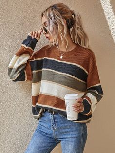 Striped Pattern Oversized Sweater | SHEIN USA Oversized Striped Sweater, Oversized Sweater Women, Pull Oversize, Drop Shoulder Sweaters, Round Neck Sweaters, Thanksgiving Outfit, Striped Sweater, Oversized Sweater, Sweaters Oversized