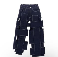 Cutout Pants, Patchwork Pants, Diy Vetement, Twill Trousers, Blue Trousers, Fashion Design Sketches, Pants Blue, Twill Pants, Kpop Fashion Outfits