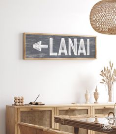 a wooden sign that says lana and an arrow pointing to the right on a wall