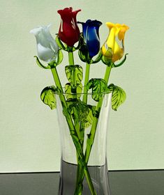 four colorful flowers in a clear glass vase