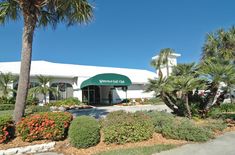 the front entrance to a hotel with palm trees and landscaping around it, on a sunny day