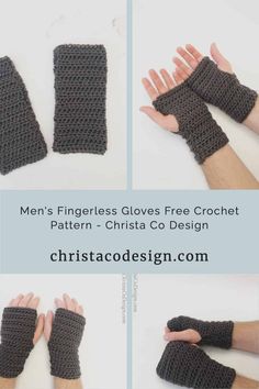 crocheted fingerless gloves with text that reads men's fingerless gloves free crochet pattern - chsta co design