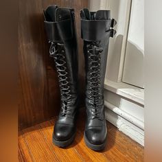 Nyc One Way Brand Vintage 80s Lace Up Black Leather Chunky Boots. Great Condition. Slight Imperfection Back Of Boot, One Lace Re-Tied (See Pics) Edgy Leather Knee-high Combat Boots, Edgy Knee-high Leather Combat Boots, Grunge Leather Lace-up Boots For Concerts, Punk Style Leather Knee-high Lace-up Boots, Leather Platform Boots With Buckle For Alternative Fashion, Punk Style Knee-high Leather Lace-up Boots, Leather Gothic Knee-high Combat Boots, Punk Leather Knee-high Boots For Concert, Grunge Leather Knee-high Platform Boots