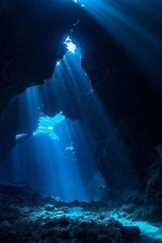 an underwater cave with sunlight streaming through the water