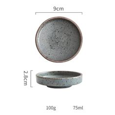 an image of a gray plate and bowl on a white background with measurements for the size