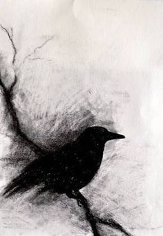 a drawing of a black bird sitting on top of a tree branch in the snow