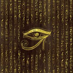 an eye surrounded by egyptian hierograms on a brown background with gold lettering