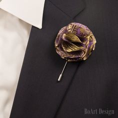 "Purple and Gold Carnation Flower Lapel Stick Pin with end protector. SIZE: 2\" on the picture. You can choose size on request. Comes in a Luxury Black box with Non-Tarnish Cotton. Become a Fan on Facebook:  https://www.facebook.com/BoArtDesign Become a Fan on Pinterest: https://www.pinterest.com/BoArtDesign NOTE Please note, that items may not be as large as they appear! Because every item is handmade, flower shape may slightly vary! While every effort is made to accurately represent the true c Lapel Flower Wedding, Flower Lapel, Lapel Flower, Carnation Flower, Stick Pins, Flower Wedding, Flower Pins, Black Box, Lapel Pin