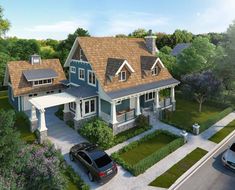 this is an artist's rendering of a house in the country side with two cars parked on the driveway