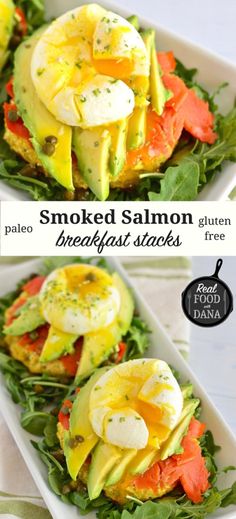 smoked salmon and avocado breakfast stacks with poached eggs, tomatoes, and lettuce