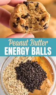 peanut butter energy balls in a glass bowl with oats and chocolate chips on top