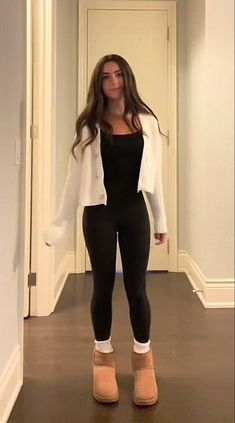 Bodysuit With Uggs, High School Outfits Midsize, Cute Outfits With Tights Leggings, Easy Outfits To Recreate Winter, Outfit For Doctors Appointment, Black Athletic Jacket Outfit, Period Safe Outfits, Black Romper With Cardigan, Cute Outfits To Wear In 60 Degree Weather