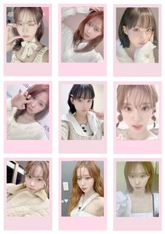 many different pictures of young women with long hair and bangs, all in pink squares