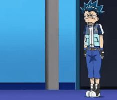 a cartoon character standing in front of a blue wall