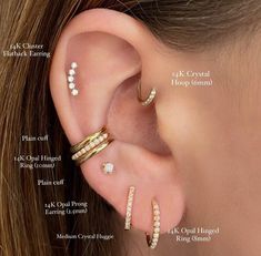 a woman's ear with four different types of piercings