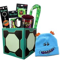 a gift box filled with items like a hat, mug and keychain