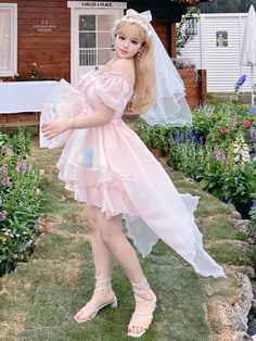 Elevate your girly charm with our enchanting light pink princess dress. This delightful short version features puff sleeves and a basque waist, creating a flattering silhouette that's both sweet and elegant. The adorable bowknot details add a touch of whimsy, making it perfect for any kawaii-inspired outfit. Whether you're attending a tea party or simply want to exude a princess-like aura, this dress is the ultimate choice.   Please note that this product includes only the dress, the train is not included.  Garment Size   	 		 			Size 			XL 			2XL 			3XL 			4XL 		 		 			Bust 			82-112 			90-120 			98-128 			106-136 		 		 			Full Length 			83 			84 			85 			86 		 		 			Sleeve Length 			29 			29.5 			30 			30.5 Pink Princesscore Fairy Dress For Spring, Summer Fairy Dress With Short Sleeves, Cute Pink Puff Sleeve Party Dress, Cute Pink Puff Sleeve Dress For Garden Party, Summer Bridesmaid Pink Princess Dress, Cute Princess Dress With Ruffles And Short Sleeves, Pink Princess Dress With Short Sleeves For Spring, Pink Short Sleeve Princess Dress For Spring, Short Sleeve Princess Dress With Ruffles