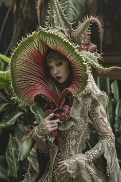 a woman in an elaborate dress and hat with large flowers on it's head