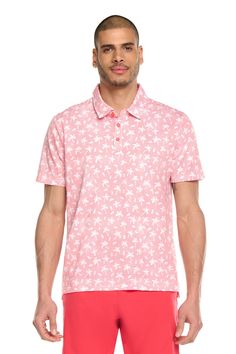 This polo tee features a stylish and unique print, which adds a pop of color and personality to your game. The self collar and three front buttons offer a classic look that is appropriate for any setting. Made with a blend of polyester, cotton and spandex, which offers durability, stretch and comfort.