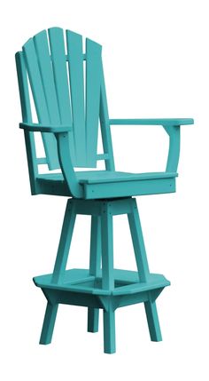 a blue wooden chair sitting on top of a white background