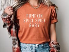 This funny pumpkin spice t-shirt is perfect for grabbing a pumpkin spice coffee on a fall day. Pick up this fall tee today for yourself or as a gift for that pumpkin spice lover you know! This classic unisex jersey tee fits like a well-loved favorite. Made from a soft, lightweight cotton-blend fabric, this tee is breathable and easy to layer, making it perfect for active and leisure wear. These t-shirts have ribbed knit collars to bolster shaping, tapered shoulders for a better fit over time, and dual side seams that hold the garment's shape for longer. .: Lightweight fabric .: Fabric blends: Ash and Heather Prism colors - 99% airlume combed and ring-spun cotton / 1% polyester, Heather and Solid Blend colors - 52% cotton / 48% polyester, Athletic Heather and Black Heather - 90% cotton / 10 Pumpkin Spice Gift, Funny Pumpkins, Pumpkin Spice Coffee, Autumn T Shirts, Coffee Tshirt, Fall Tee, Cozy Flannel, Thanksgiving Shirts, Fall Gifts