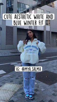 Light Blue Jeans Outfit Winter, Aesthetic White And Blue, Blue Jeans Outfit Winter, White Sweatshirt Outfit, Blue Hoodie Outfit, Light Blue Jeans Outfit, Jeans Outfit Winter, Color Combos Outfit