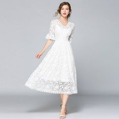 Princess Swing White Lace Midi Beach Dress Maxi Party Dress, Beach Party Dress, Sleeveless Dresses Casual, Women Lace Dress, Lace Dress With Sleeves, White Maxi, Midi Dress With Sleeves, Lace Fashion, White Wedding Dresses