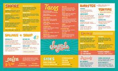 a colorful menu for tacos and burritos is shown in this graphic style