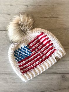 an american flag knitted beanie with the words, america proud beanie crochet pattern