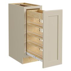 an open cabinet door with drawers on both sides