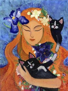 a painting of a woman holding two cats in her arms and flowers on her head