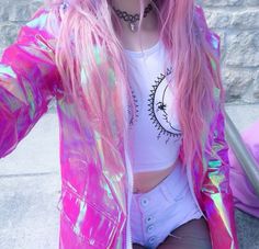 coat jacket holographic grunge cyber crop tops high waisted shorts pink jacket pink shiny raincoat windbreaker Longer Shorts, Space Grunge, Mode Chanel, Festival Style, A Jacket, Pink Jacket, Soft Grunge, Rave Outfits