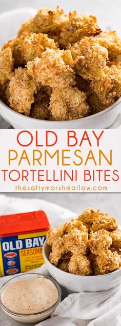 an old bay parmesan tortellini bites recipe in a white bowl