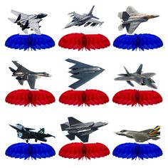 many different types of fighter jets are shown in this image with red, white and blue colors