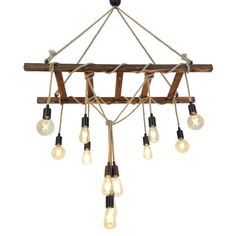 a chandelier made out of wood and rope with light bulbs hanging from it