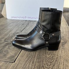 - Designer= Saint Laurent Paris - Size = 10b(43) - Msrp = $1195 - Genuine And Authentic Or Your Money Back Designer Leather Moto Boots For Formal Occasions, Designer Moto Boots With Leather Sole For Fall, Designer Leather Boots With Snip Toe, Designer Leather Moto Boots With Reinforced Heel, Luxury Moto Boots With Leather Lining, Designer Leather Chelsea Boots For Fall, Luxury Black Chelsea Boots For Fall, Designer Calf Leather Moto Boots With Round Toe, Luxury Black Chelsea Boots With Snip Toe