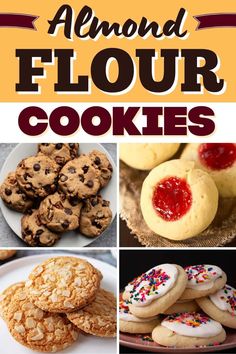 there are many different types of cookies on the plate and in the background is an orange sign that says, almond flour cookies