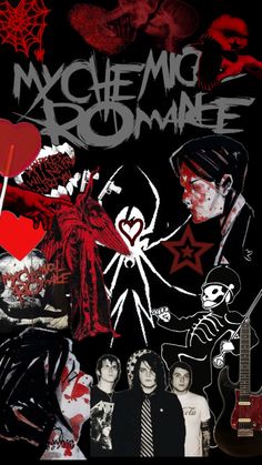 the poster for my chemical romance is shown in red and black with images of people on it