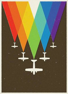 an image of four airplanes flying in the sky with rainbows on them and one plane is upside down