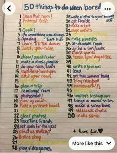 an open notebook with writing on it and the words 50 things to do when bored