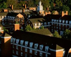 an aerial view of some buildings and trees