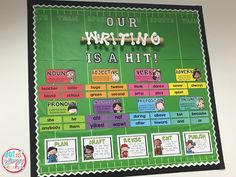 a bulletin board with words and pictures on it that read our writing is a hit