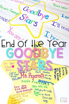 the end of the year goodbye stars are written in different colors and styles on white paper